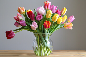 A vibrant bouquet of colorful tulips arranged in a classic glass vase.