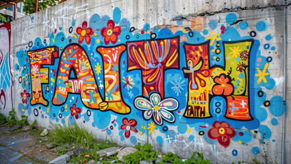 The word "FAITH" as an artistic illustration graffiti on an old concrete wall in colorful hues.