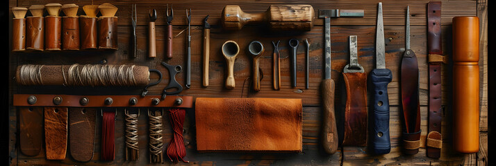 Artisan's Arsenal: A Collection of Traditional Tools for Leatherworking - obrazy, fototapety, plakaty
