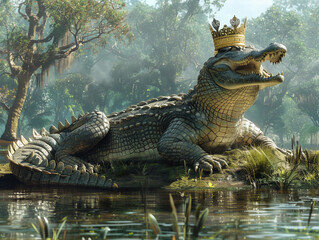 Crocodile as king Crocodile with a crown, on a riverbank throne
