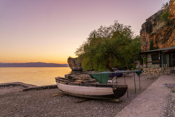 Sunset view of the shore, old city of Ohrid