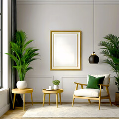 Living room interior with frame mock up, Mock up frame in home interior background, 3d render,    natural wooden furniture and trendy home accessories on bright beige background, 3d render
