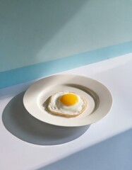 A single fried egg in the center of a plain white plate, set on a minimalist table with stark, clean lines, focusing on the beauty of simplicity.