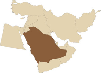 Dark brown detailed blank political map of SAUDI ARABIA with black borders on transparent background using orthographic projection of the light brown Middle East