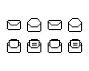Black and white mail, message, paper, document, note, invitation, letter, card icon sticker. Open envelope icon outline pixel art isolated element. 
