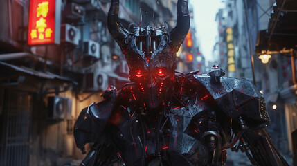 Devil robot in city Commanding robotic devil strides through urban landscapes, embodying ancient evil with futuristic dominance , hyper realistic, low noise, low texture