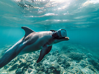 Dolphin in VR Dives through digital oceans, linking intelligence with immersive marine worlds , hyper realistic, low noise, low texture - obrazy, fototapety, plakaty