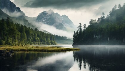Cinematic Landscape view of a lake, mountain background, wilderness landscape