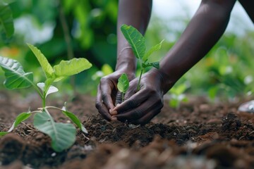 Black Woman Planting in Nature: Environmental Care and Growth Planning in Garden