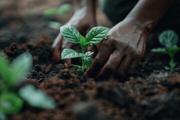 Black Woman Planting Seeds for Future Growth in Nature: Sustainability and Care in Gardening - obrazy, fototapety, plakaty