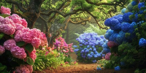 Beautiful Flower Garden. Hydrangea Blossoms in Brittany with Pink, Blue, and Green Colors - obrazy, fototapety, plakaty