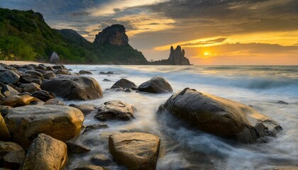 Obraz premium Big rocks with subtle wave on the beach at sunset