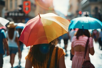 Woman with colorful umbrella walking on sunny street. Personal heatwave protection in urban setting.