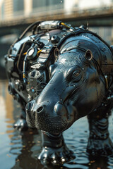Hippopotamus robot in city Ambling hippo robot, with water purifying tech, represents natures force in urban waters , hyper realistic, low noise, low texture