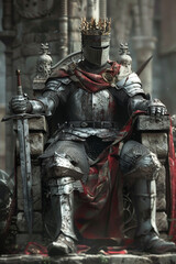 Knight as king Knight in a crown, on a stone throne, upholding chivalry and justice in a medievalfuturistic realm , hyper realistic, low noise, low texture