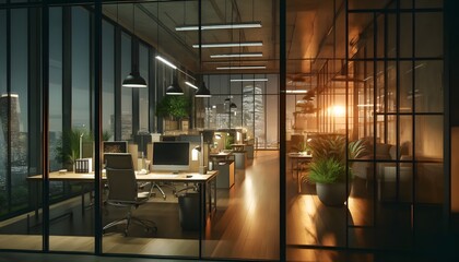 a symmetrical view down the central aisle of a contemporary office environment bathed in the golden light of sunset reflected in its glass partitions.