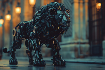 Fototapeta na wymiar Lion robot in city Cybernetic lion patrols urban landscapes, its mane shimmering with LED lights, symbolizing regal authority , hyper realistic, low noise, low texture