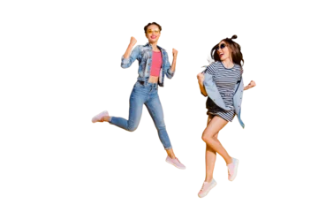 Foto op Plexiglas Full legs body size two dreamy charming lovely cute sweet lady in glasses spectacles cool trendy street style stylish casual denim jeans wear raised fists up isolated on yellow vivid background © deagreez