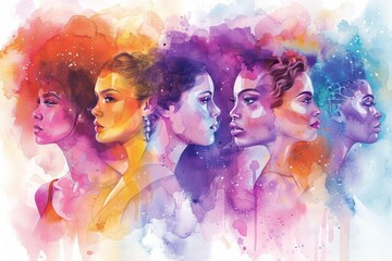 Colorful illustration of a group of women. International Women's Day concept in watercolor style, Generative AI - obrazy, fototapety, plakaty