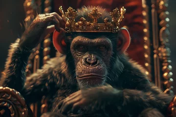 Zelfklevend Fotobehang Monkey as king A monkey dons a crown, ruling a digital jungle kingdom from a hightech throne, embodying regal animal intelligence , hyper realistic, low noise, low texture © North