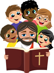 Group of multicultural happy kids surrounding jesus christ reading holy bible book isolated on white