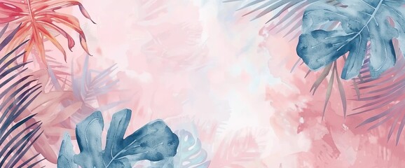 Abstract pastel watercolor tropical leaves frame background