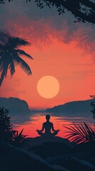 A serene silhouette illustration of a yoga practitioner at sunrise in a tranquil setting