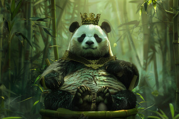 Panda as king Serene panda in a crown, sitting on a bamboo throne, symbolizing peaceful leadership...