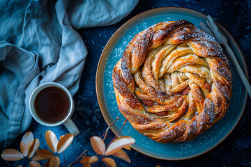 Appetizing braided apple pie on ceramic plate, elegantly served with tea, capturing the essence of comfort and gourmet baking