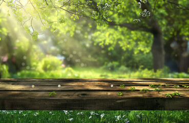Greenery gardens spring background. An empty wooden table sits amidst nature