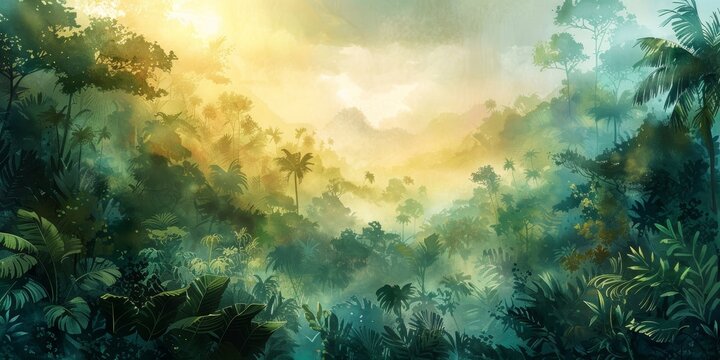 Lush jungle landscape in watercolor style, Generative AI
