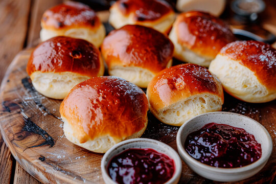 Glazed buns served with berry jam on a rustic wooden plate suggest a homely, freshly-baked breakfast scene with rich detail