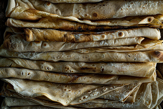 High-resolution image featuring a stack of thin homemade crepes, highlighting the textures and simplicity of the dish
