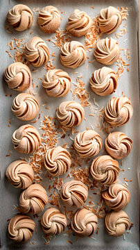 Rows of coconut meringues on a tray, capturing the art of baking with precision and lightness