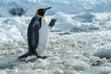 Fototapeta premium Penguin with smartphone Penguin watching icy documentaries, a blend of polar life education and digital streaming 
