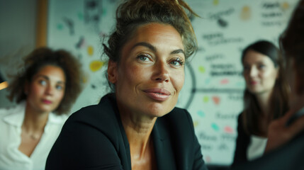 the contemporary aesthetics of an office space in Amsterdam, a determined businesswoman is flanked by her supportive colleagues