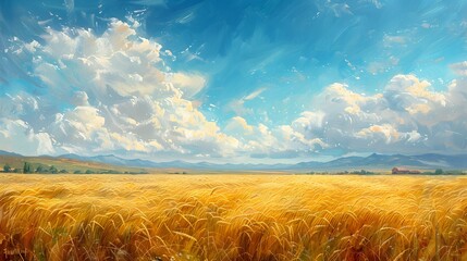 A wheat field stretching to the horizon under a vast, azure summer sky, with the golden stalks swaying gently in the breeze, creating a mesmerizing symphony of color and motion