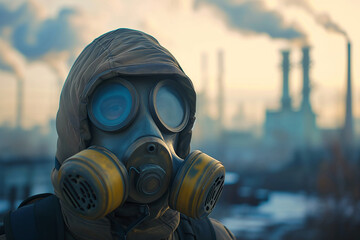 Person in gas mask with industrial smokestacks emitting smoke in the background.
