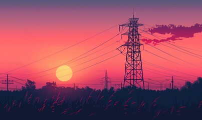 Sunset Field with Electric Power Pylons - Powered by Adobe