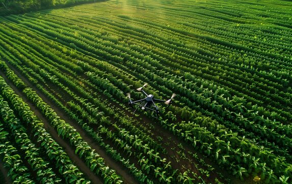 Aerial View: Agricultural Drone Spraying a Field of Green Soybeans