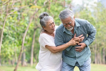 Fototapeta premium asian senior man suffering and having chest pain from heart attack in the park