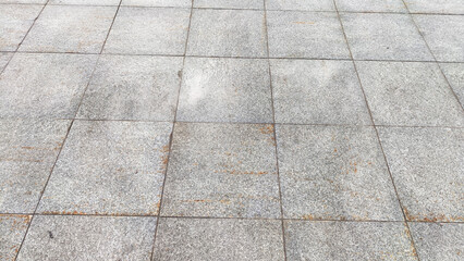 Fototapeta premium Mist Rises From Urban Pavement Tiles in Early Morning. Background, texture, pattern, copy space,