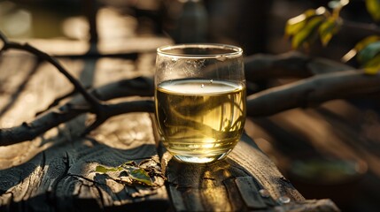 a glass of liquid on a wood surface