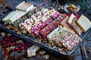 A beautifully presented charcuterie board with a variety of cheeses and meats, accented by nuts and seeds