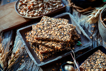 High-quality photo of handcrafted seed crackers on a rustic wooden table surrounded by ingredients