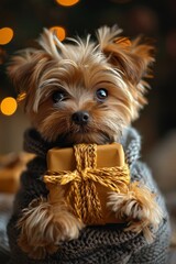 Beautiful York Terrier with a yellow gift box