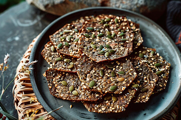 Crunchy multigrain crackers with seeds and nuts on a grey plate with rustic decoration