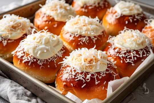 Freshly baked buns topped with cream cheese and shredded coconut on a baking tray with parchment