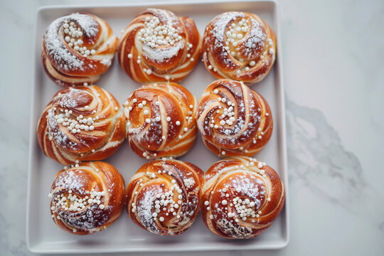 Overhead view of Swedish Kanelbulle cinnamon buns dusted with powdered sugar on a white plate