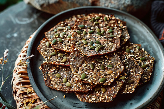 Crunchy multigrain crackers with seeds and nuts on a grey plate with rustic decoration
